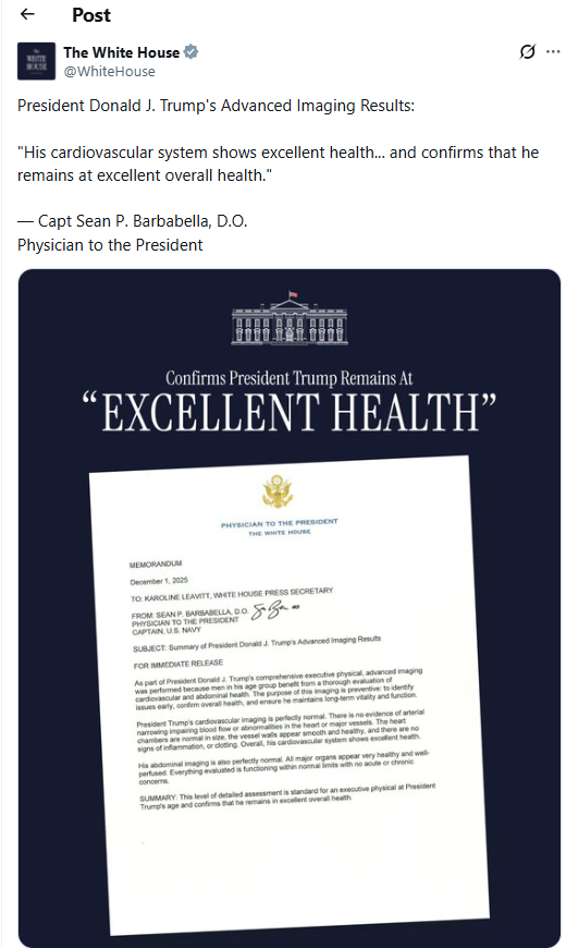 Casa Albă a publicat rezultatul analizelor RMN ale lui Donald Trump FOTO: X