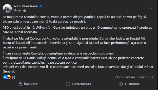 Sorin Grindeanu, mesaj pe Facebook, după rezultatele la alegerile pentru Primăria Capitalei (Foto: captură FB)