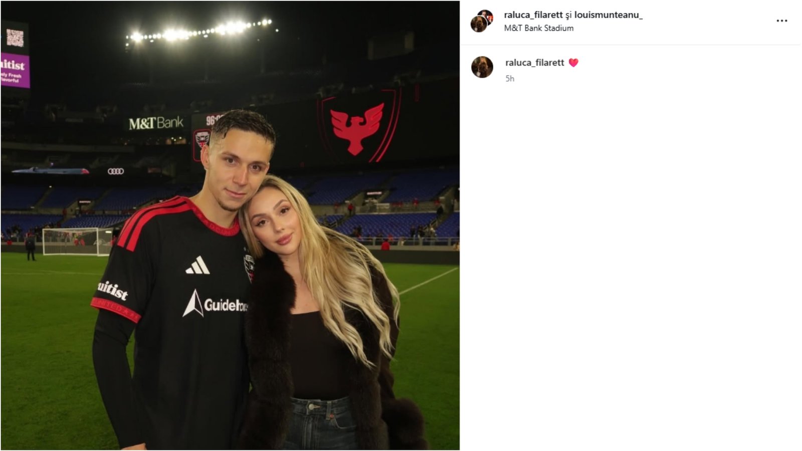 Louis Munteanu și iubita sa după DC United - Inter Miami 1-2. Foto: Instagram